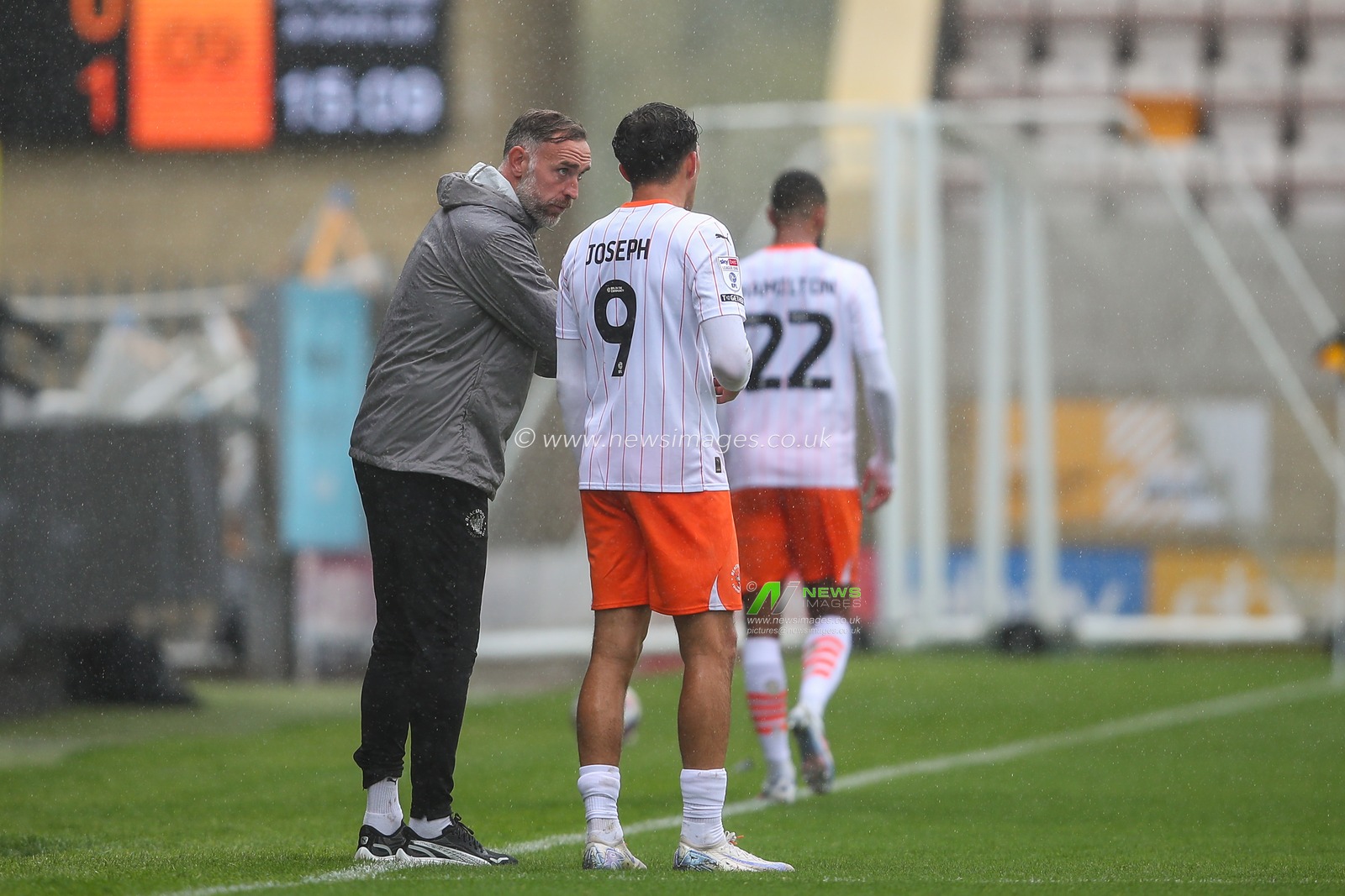 Richard Keogh interim head coach of Blackpool talks to Kyle Joseph of Blackpool during the Sky Bet League 1 match Cambridge United vs Blackpool at Abbey Stadium, Cambridge, United Kingdom, 24th August 2024

(Photo by Gareth Evans/News Images)