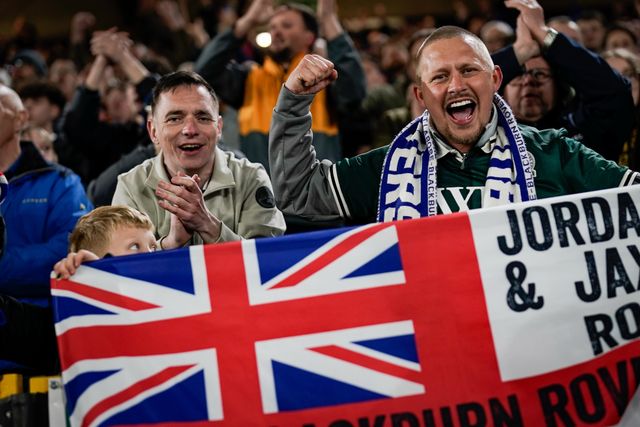 Blackburn fans celebrate their team victory during the Sky Bet Championship match Sheffield United vs Blackburn Rovers at Bramall Lane, Sheffield, United Kingdom on 22 April 2026

(Photo by Maynard Manyowa/News Images)