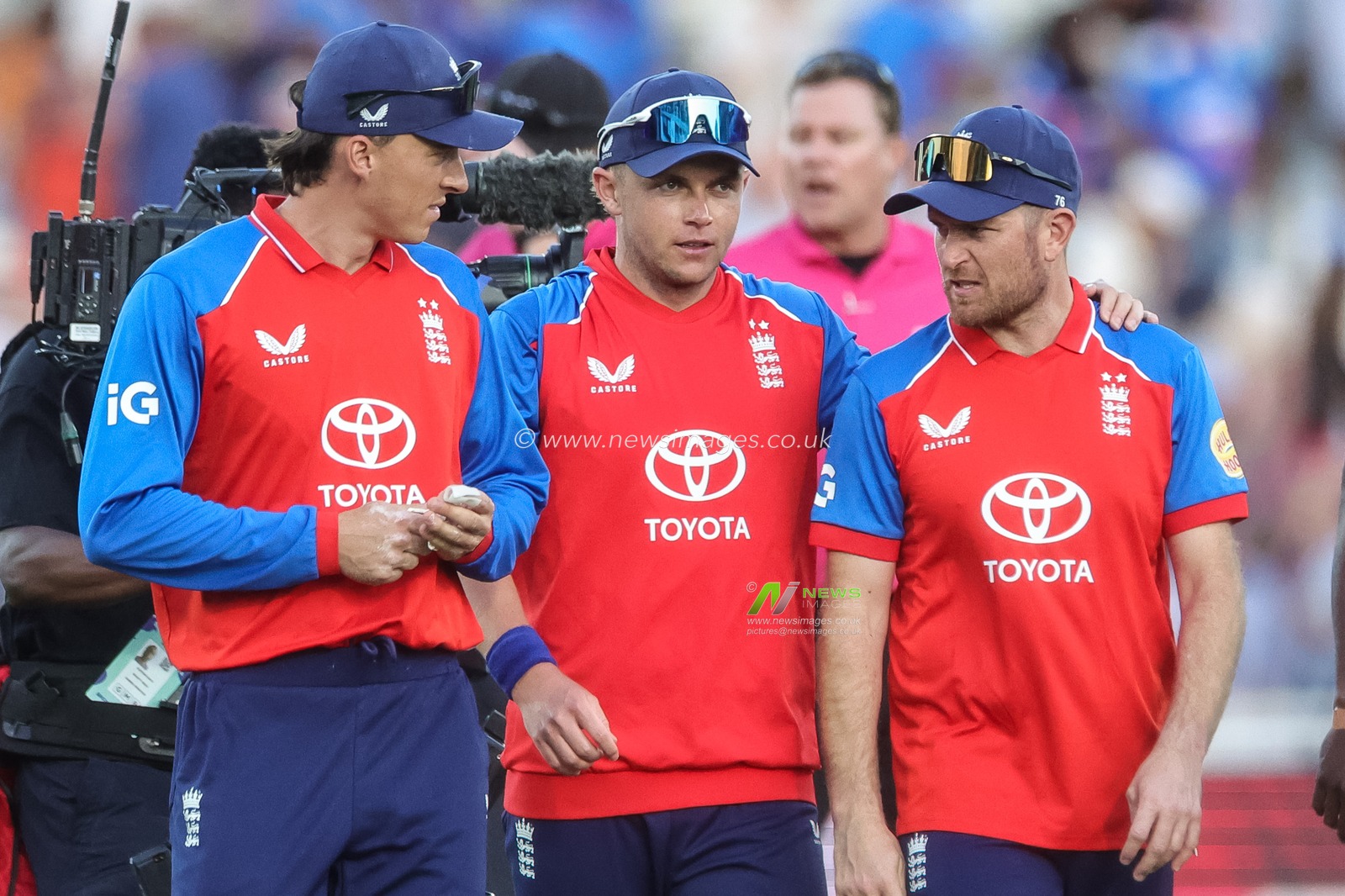 Tom Banton, Jacob Bethell and Phil Salt of England after winning during the Third Vitality T20 International match England vs India at Trent Bridge, Nottingham, United Kingdom on 07 July 2026

(Photo by Mark Cosgrove/News Images)
