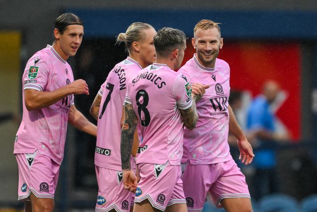 Andreas Weimann  of Blackburn Rovers celebrates his goal to make it 0-2 during the Carabao Cup match Stockport County vs Blackburn Rovers at Edgeley Park Stadium, Stockport, United Kingdom, 13th August 2024

(Photo by Craig Thomas/News Images)