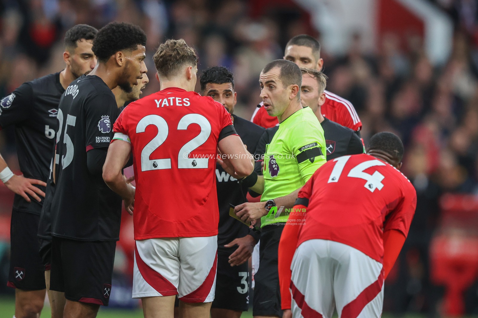 Players surround referee Peter Bankes after he gives a free kick to Nottingham Forest during the Premier League match Nottingham Forest vs West Ham United at City Ground, Nottingham, United Kingdom, 2nd November 2024

(Photo by Alfie Cosgrove/News Images)