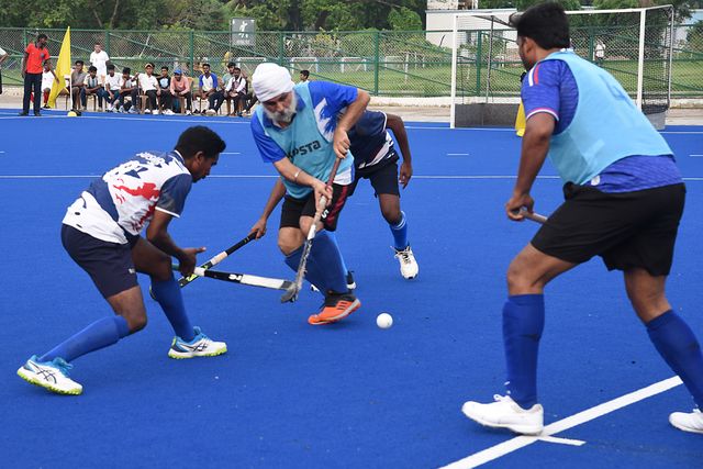 Indian veteran hockey players play at a match ahead the celebrate World Olympic Day in Howrah, West Bengal ,India on June 22,2025.Photo by Debajyoti Chakraborty. World Olympic Day celebrates every year June 23.(Photo: Debajyoti Chakraborty/News Images)