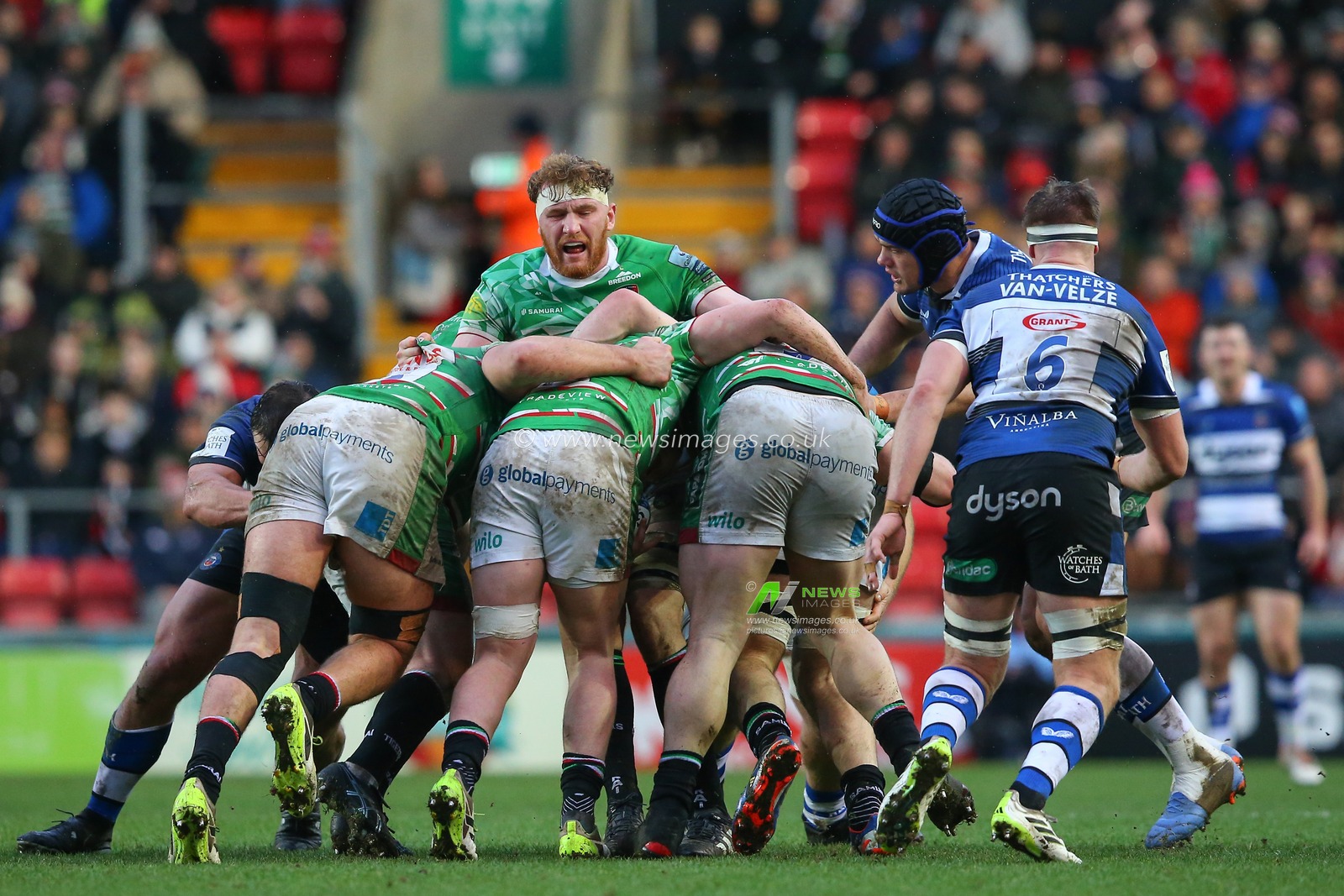 Ollie Chessum of Leicester Tigers shouts whilst in the scrum during the Gallagher Premiership match Leicester Tigers vs Bath Rugby at Welford Road, Leicester, United Kingdom, 31st December 2023

(Photo by Gareth Evans/News Images)