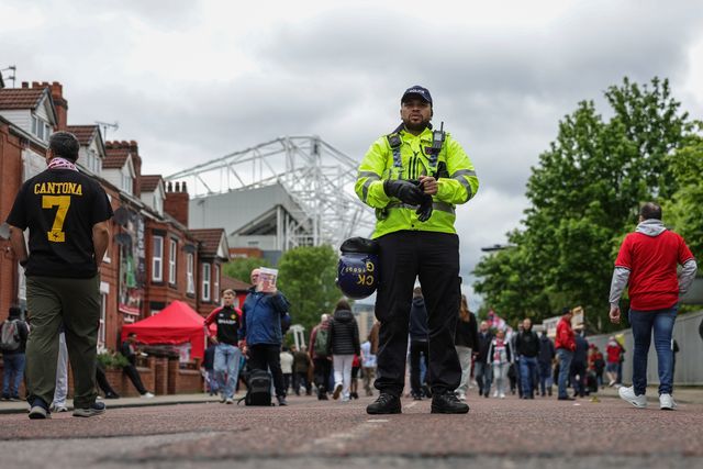 Police are on patrol ahead of kickoff during the Premier League match Manchester United vs Liverpool at Old Trafford, Manchester, United Kingdom on 03 May 2026

(Photo by Mark Cosgrove/News Images)