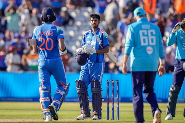Washington Sundar of India celebrates a half century  and team victory during the 1st Metro Bank ODI match England vs India at Edgbaston, Birmingham, United Kingdom on 14 July 2026

(Photo by Maynard Manyowa/News Images)