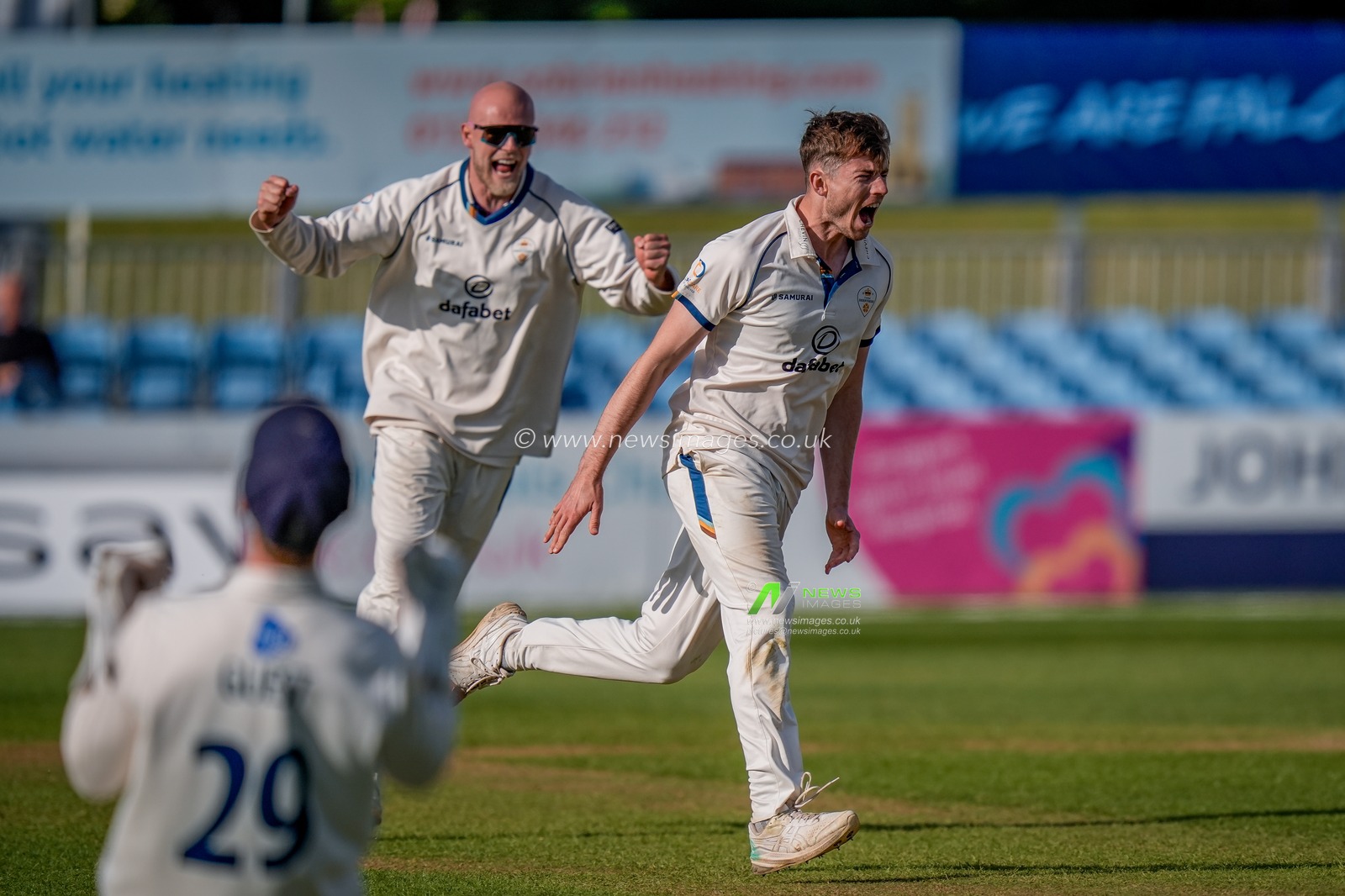 Martin Andersson of Derbyshire celebrates taking the final wicket of George Scrimshaw of Northamptonshire given out LBW to hand Derbyshire the victory during the County Championship Division Two Derbyshire vs Northamptonshire day four match at The Central Co-Op County Ground, Derby, United Kingdom on 11 May 2026

(Photo by Maynard Manyowa/News Images)
