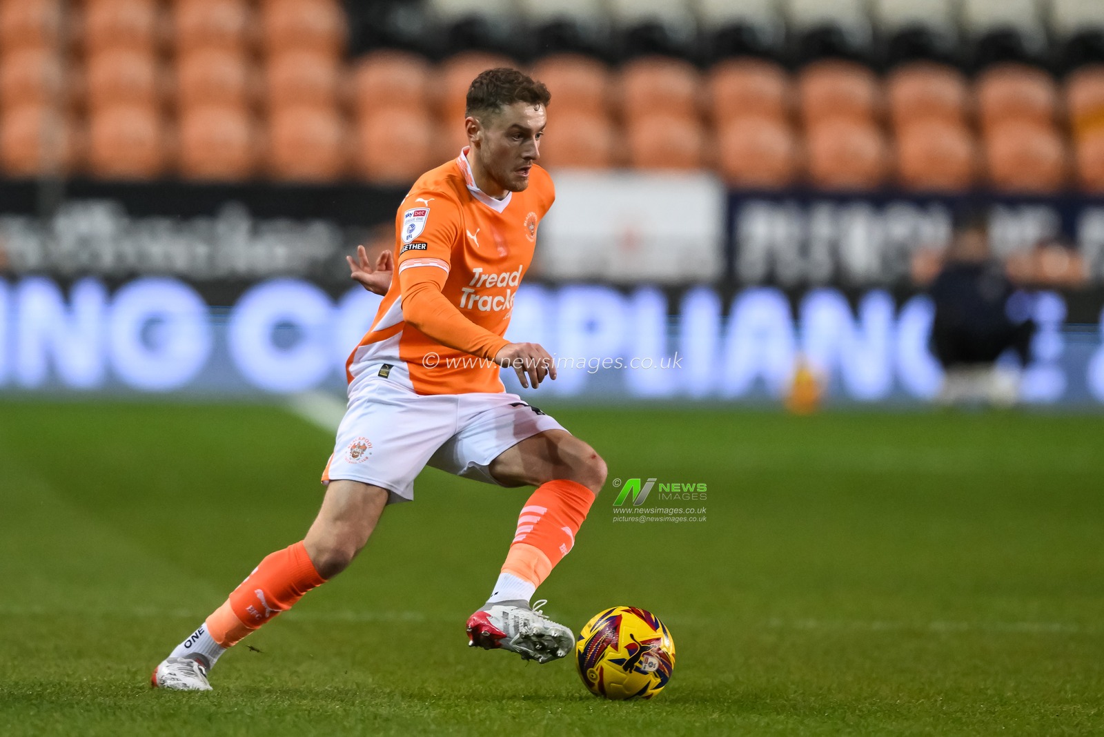 Elliot Embleton of Blackpool makes a break with the ball  during the Vertu Trophy match Blackpool vs Aston Villa U21 at Bloomfield Road, Blackpool, United Kingdom, 17th December 2024

(Photo by Craig Thomas/News Images)