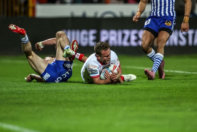 Jez Litten of Hull KR goes over for a try during the Betfred Super League round 6 match Hull KR vs St Helens at Sewell Group Craven Park, Hull, United Kingdom on 27 March 2026

(Photo by Alfie Cosgrove/News Images)