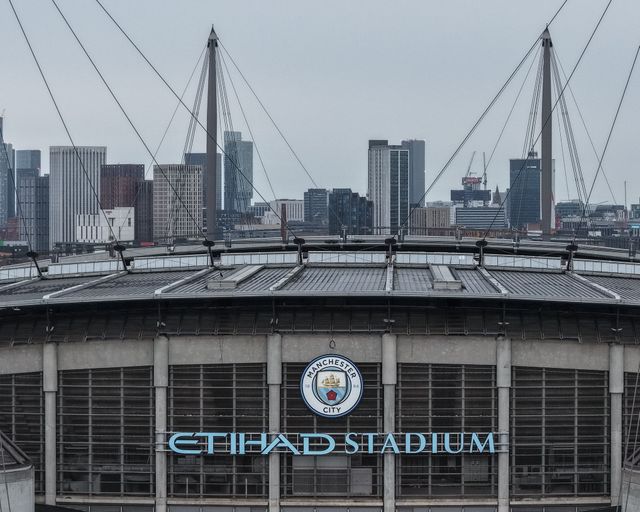 An aerial view of The Etihad Stadium and the city of Manchester high rise buildings in the background during the Emirates FA Cup Quarter-Final match Manchester City vs Liverpool at Etihad Stadium, Manchester, United Kingdom on 04 April 2026

(Photo by Mark Cosgrove/News Images)