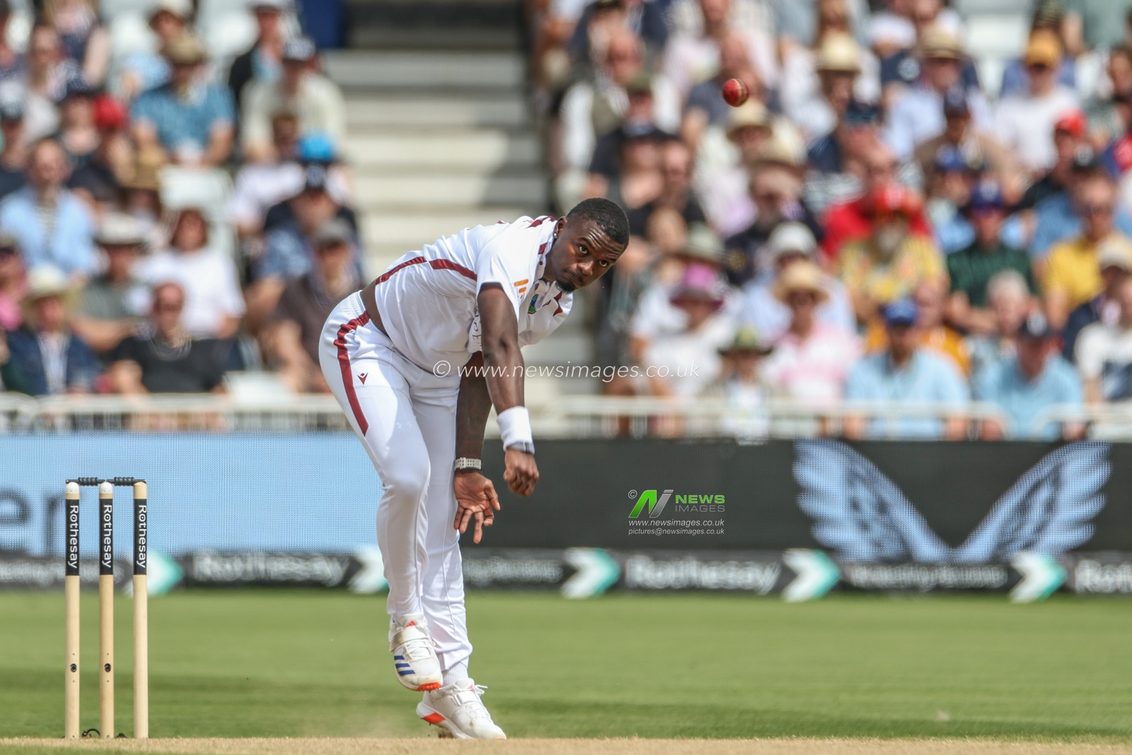 Jayden Seales of West Indies delivers the ball during the Rothesay Test Match day four match England vs West Indies at Trent Bridge, Nottingham, United Kingdom, 21st July 2024

(Photo by Mark Cosgrove/News Images)