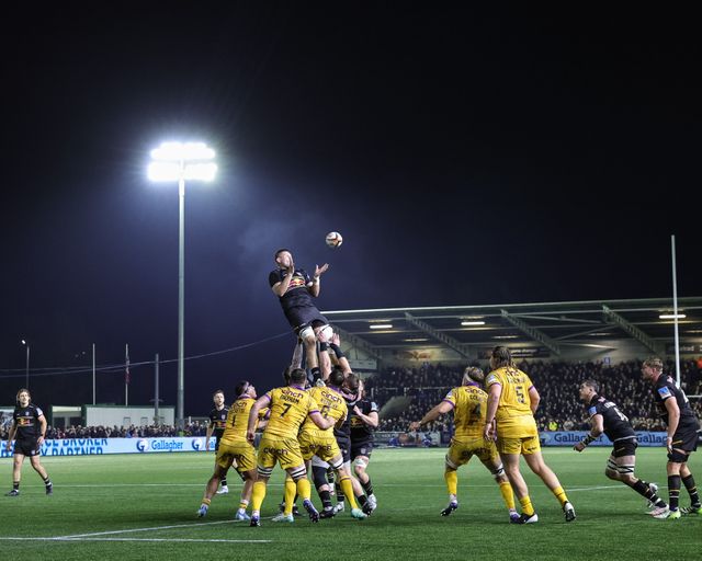 Freddie Clarke of Newcastle Red Bulls jumps up to win the ball in a lineout during the Gallagher Premiership match Newcastle Red Bulls vs Northampton Saints at Kingston Park, Newcastle, United Kingdom, 17th October 2025

(Photo by Mark Cosgrove/News Images)