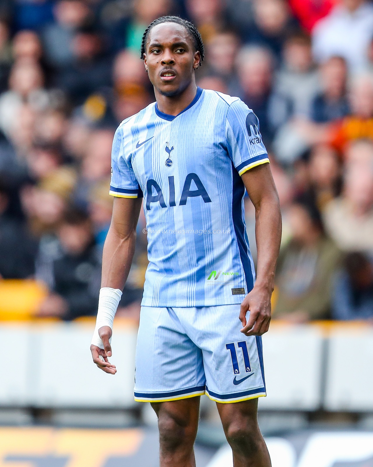 Mathys Tel of Tottenham Hotspur looks on during the Premier League match Wolverhampton Wanderers vs Tottenham Hotspur at Molineux, Wolverhampton, United Kingdom, 13th April 2025

(Photo by Gareth Evans/News Images)