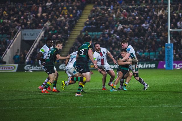 Players tackle for the ball during the Gallagher Premiership match Northampton Saints vs Leicester Tigers at Cinch Stadium at Franklin's Gardens, Northampton, United Kingdom, 21st March 2025

(Photo by Craig Evans/News Images)