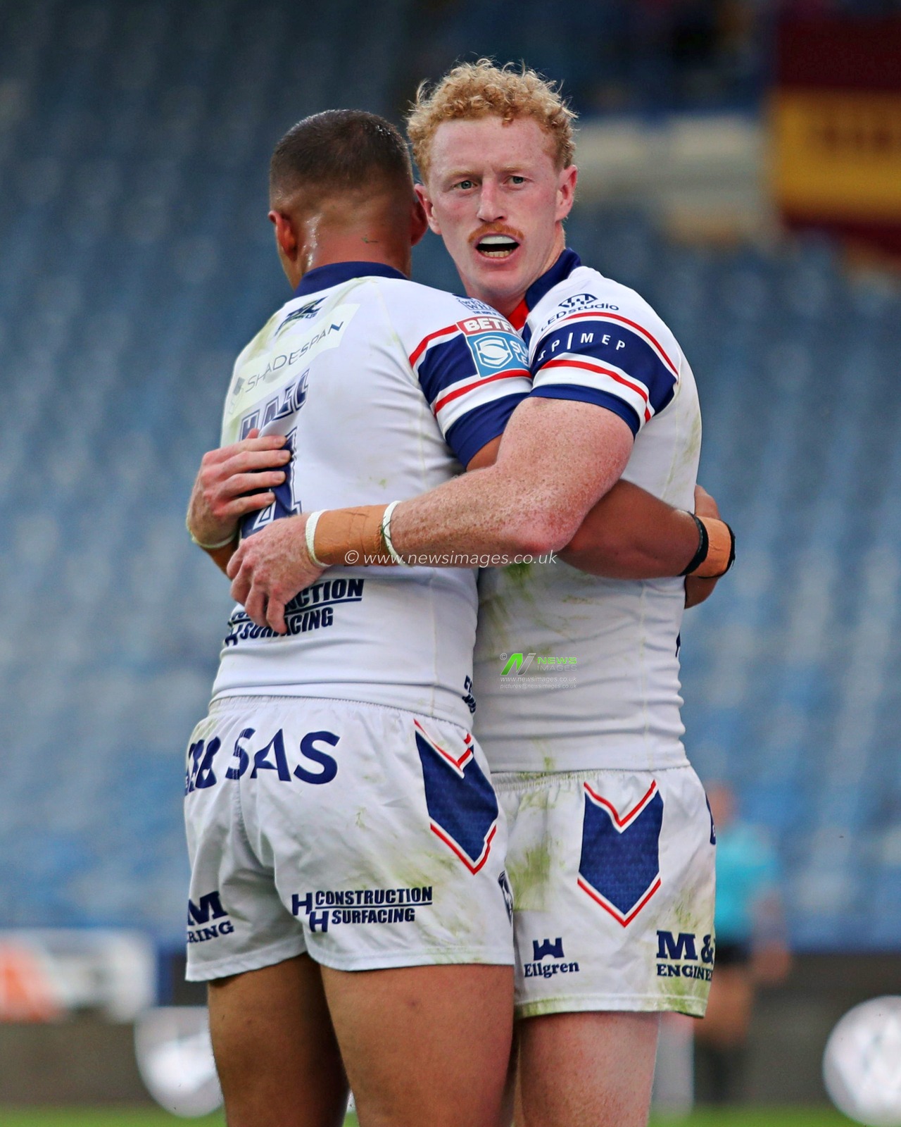 Lachlan Walmsley of Wakefield Trinity celebrates his try during the Betfred Super League round 19 match Huddersfield Giants vs Wakefield Trinity at the Accu Stadium, Huddersfield, United Kingdom, 18th July 2025(Photo by Sam Eaden/News Images)