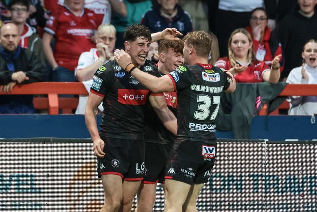 Nathan Lowe of Wigan Warriors celebrates his try during the Betfred Super League round 12 match Hull KR vs Wigan Warriors at Sewell Group Craven Park, Hull, United Kingdom on 21 May 2026

(Photo by Mark Cosgrove/News Images)