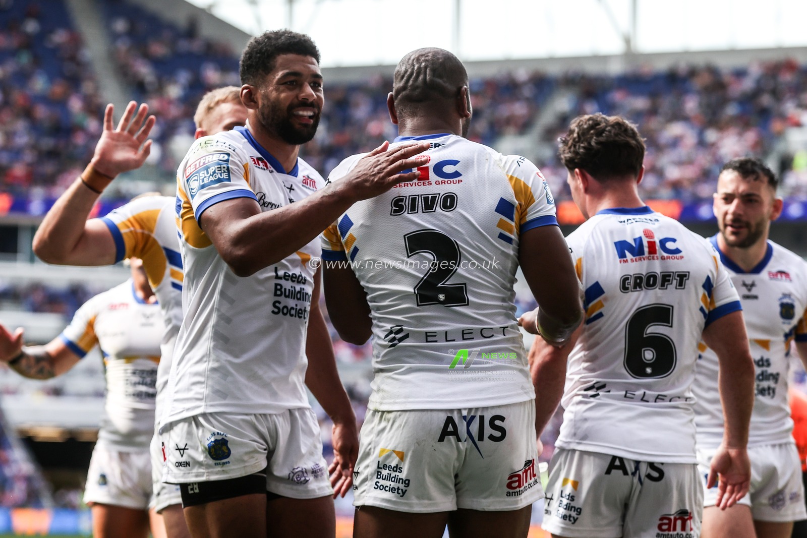 Maika Sivo of Leeds Rhinos celebrates his try during the Betfred Super League Magic Weekend match Leeds Rhinos vs Bradford Bulls at Hill Dickinson Stadium, Liverpool, United Kingdom on 05 July 2026

(Photo by Alfie Cosgrove/News Images)