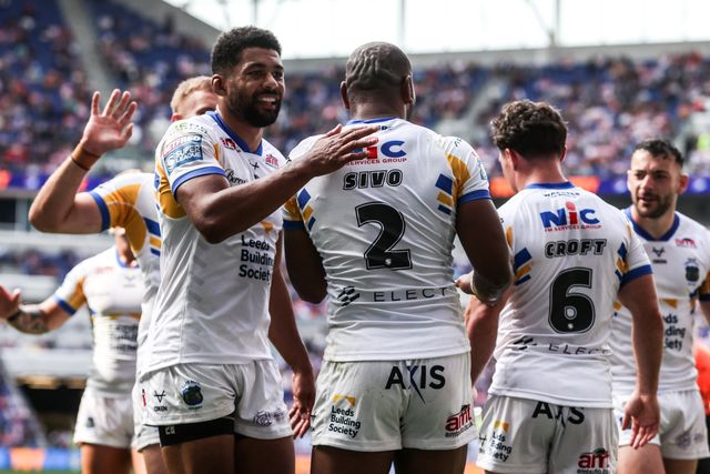 Maika Sivo of Leeds Rhinos celebrates his try during the Betfred Super League Magic Weekend match Leeds Rhinos vs Bradford Bulls at Hill Dickinson Stadium, Liverpool, United Kingdom on 05 July 2026

(Photo by Alfie Cosgrove/News Images)