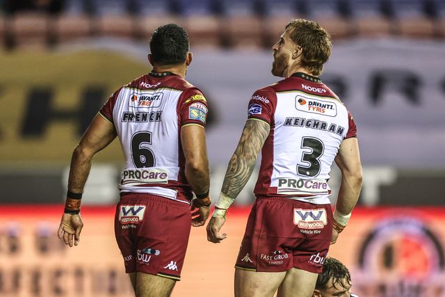 Bevan French of Wigan Warriors celebrates his try making it 4-0 during the Betfred Super League Semi Final 1 match Wigan Warriors vs Leigh Leopards at The Brick Community Stadium, Wigan, United Kingdom, 3rd October 2025

(Photo by Alfie Cosgrove/News Images)