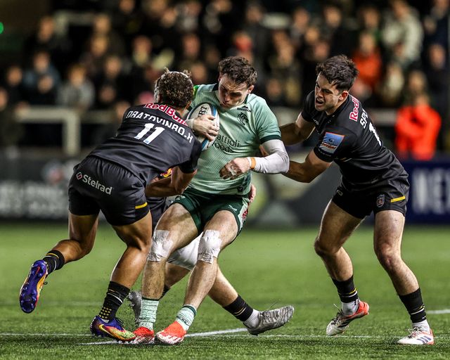 Will Wand of Leicester Tigers is tackled by Harrison Obatoyinbo of Newcastle Red Bulls during the Premiership Rugby Cup match Newcastle Red Bulls vs Leicester Tigers at Kingston Park, Newcastle, United Kingdom, 31st October 2025

(Photo by Alfie Cosgrove/News Images)

*** GER AUT SUI OUT ***