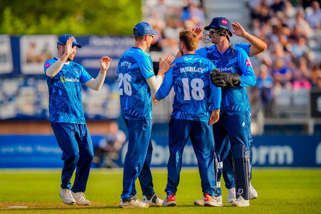 Jack Morley of Derbyshire celebrates the wicket of 
Ben Raine of Durham during the Vitality Blast T20 match between Derbyshire Falcons and Durham Cricket at The Central Co-Op County Ground, Derby, United Kingdom on 22 May 2026

(Photo by Maynard Manyowa/News Images)