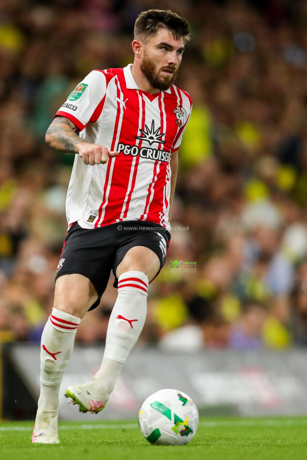 Ryan Manning of Southampton runs with the ball during the Carabao Cup match Norwich City vs Southampton at Carrow Road, Norwich, United Kingdom, 26th August 2025

(Photo by Izzy Poles/News Images)