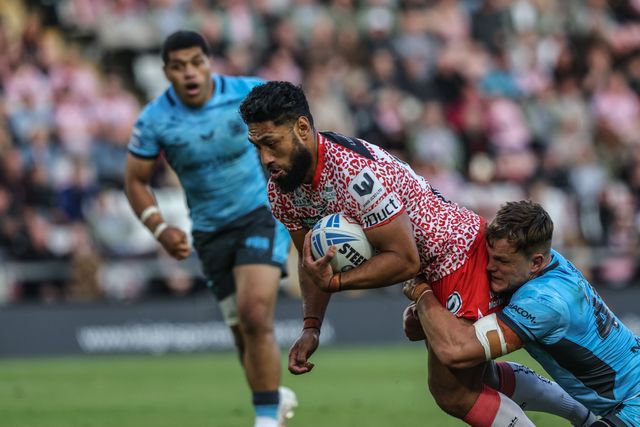 Isaac Liu of Leigh Leopards is tackled during the Betfred Super League Round 12 match Leigh Leopards vs Hull FC at Leigh Sports Village, Leigh, United Kingdom, 22nd May 2025

(Photo by Alfie Cosgrove/News Images)