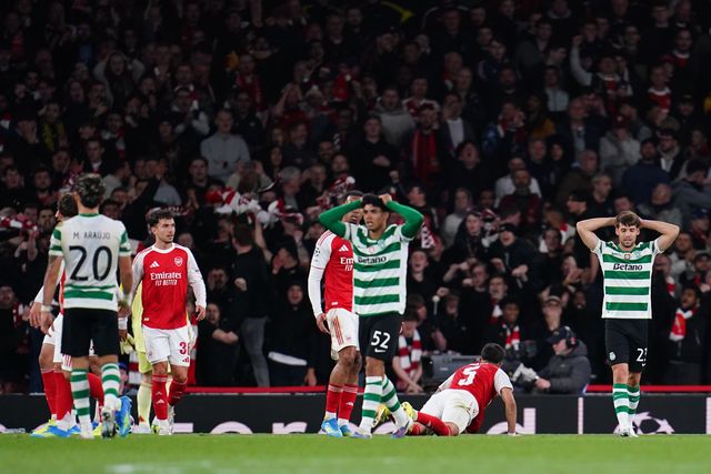 Sporting CP players after missed opportunity with the last kick of the match during the UEFA Champions League Quarter Finals match Arsenal vs Sporting CP at Arsenal stadium, London, United Kingdom on 15 April 2026

(Photo by Harvey Murphy/News Images)
