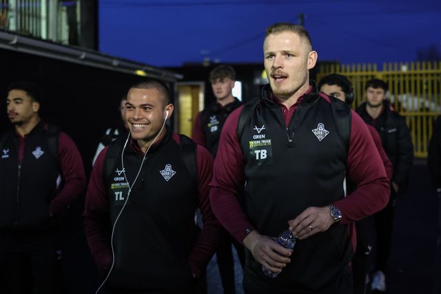 Tui Lolohea of Huddersfield Giants and Tom Burgess of Huddersfield Giants arrive during the Betfred Super League Round 3 match Castleford Tigers vs Huddersfield Giants at OneBore Stadium, Castleford, Untied Kingdom on 27 February 2026

(Photo by Mark Cosgrove/News Images)