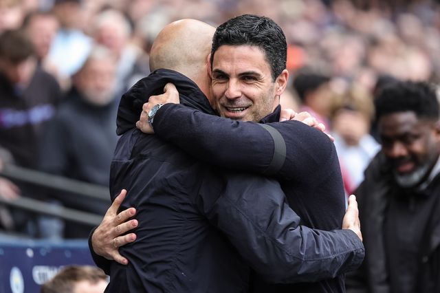 Pep Guardiola manager of Manchester City greats Mikel Arteta manager of Arsenal during the Premier League match Manchester City vs Arsenal at Etihad Stadium, Manchester, United Kingdom on 19 April 2026

(Photo by Mark Cosgrove/News Images)