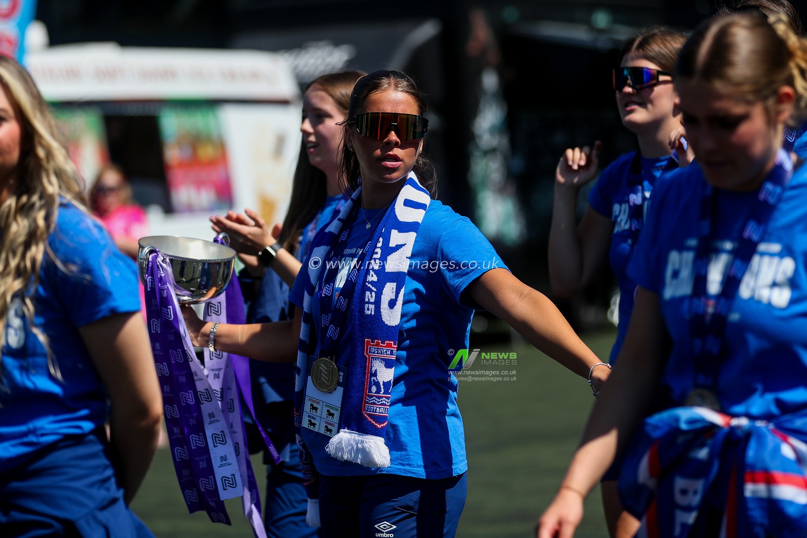 Ipswich Town Women celebrate their league win at Portman Road fan zone prior to the Premier League match Ipswich Town vs Brentford at Portman Road, Ipswich, United Kingdom, 10th May 2025

(Photo by Izzy Poles/News Images)