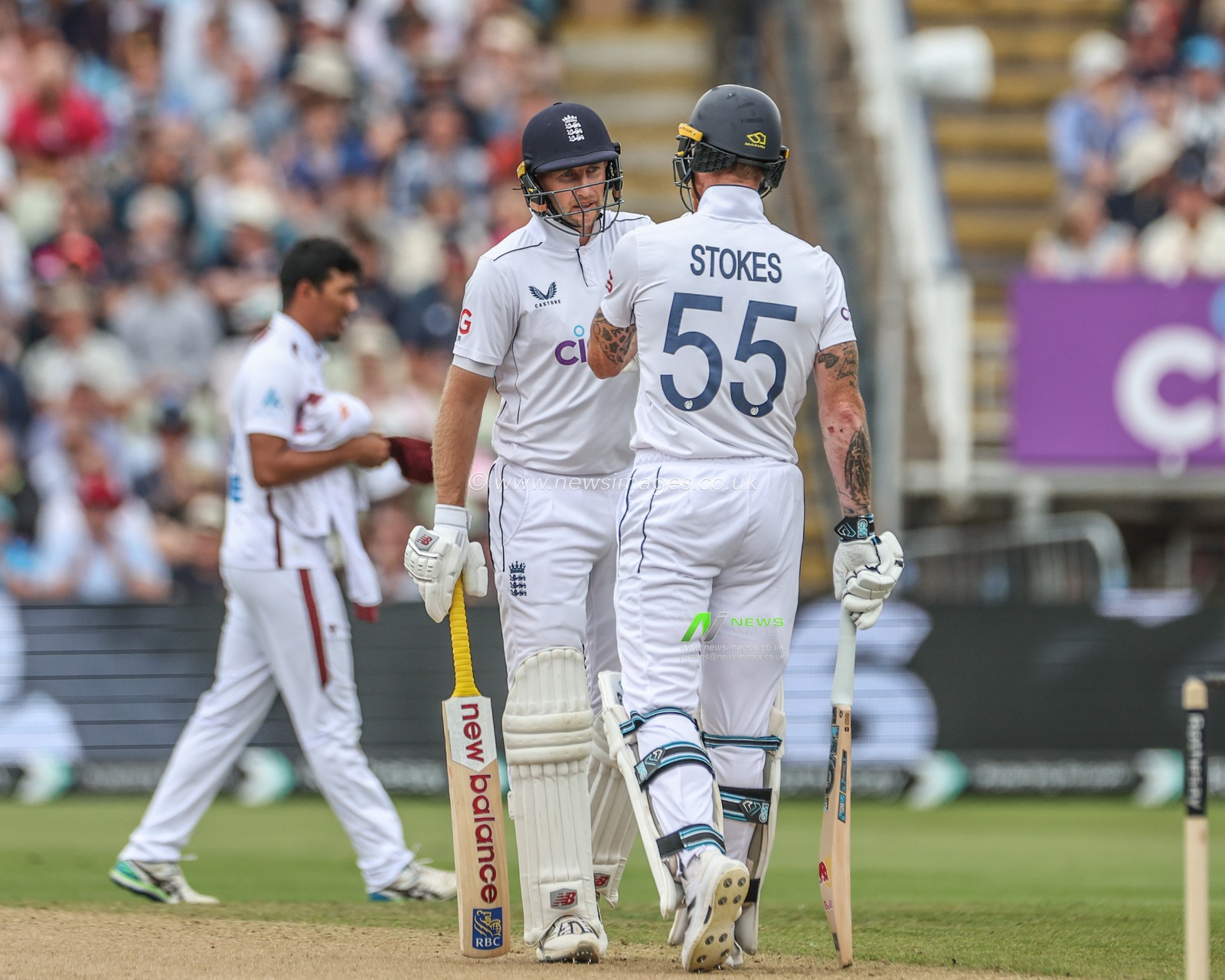 Joe Root of England fist bumps Ben Stokes of England who knocks up a six and england tally up 150 runs during Day Two of the Rothesay Test match England vs West Indies at Edgbaston, Birmingham, United Kingdom, 27th July 2024

(Photo by Mark Cosgrove/News Images)