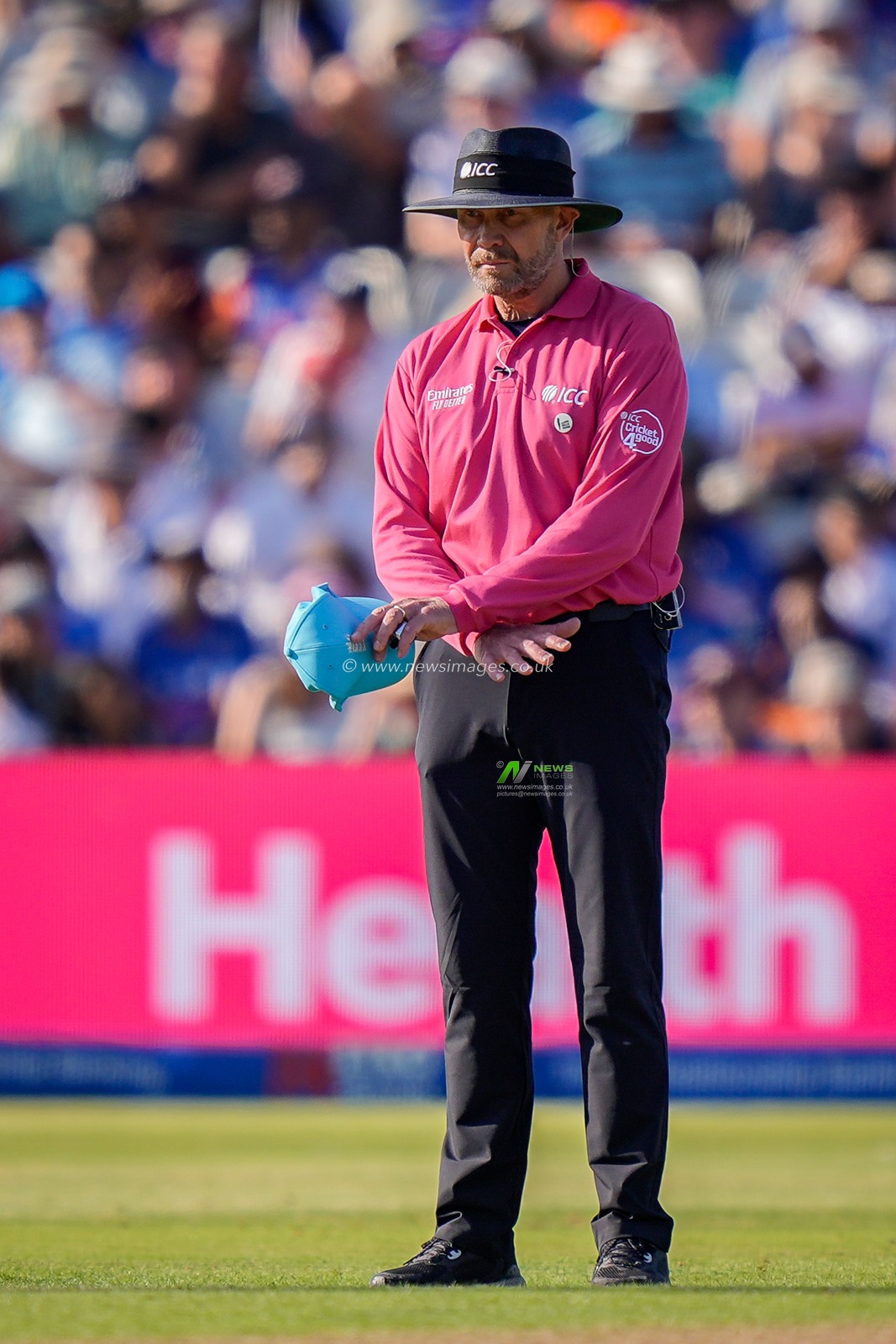 Umpire Mike Burns signals a field England review during the 1st Metro Bank ODI match England vs India at Edgbaston, Birmingham, United Kingdom on 14 July 2026

(Photo by Maynard Manyowa/News Images)