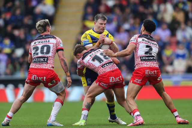 Lachlan Fitzgibbon of Warrington Wolves is tackled during the Betfred Super League Round 8 match Leigh Leopards vs Warrington Wolves at Leigh Sports Village, Leigh, United Kingdom, 19th April 2025

(Photo by Gareth Evans/News Images)