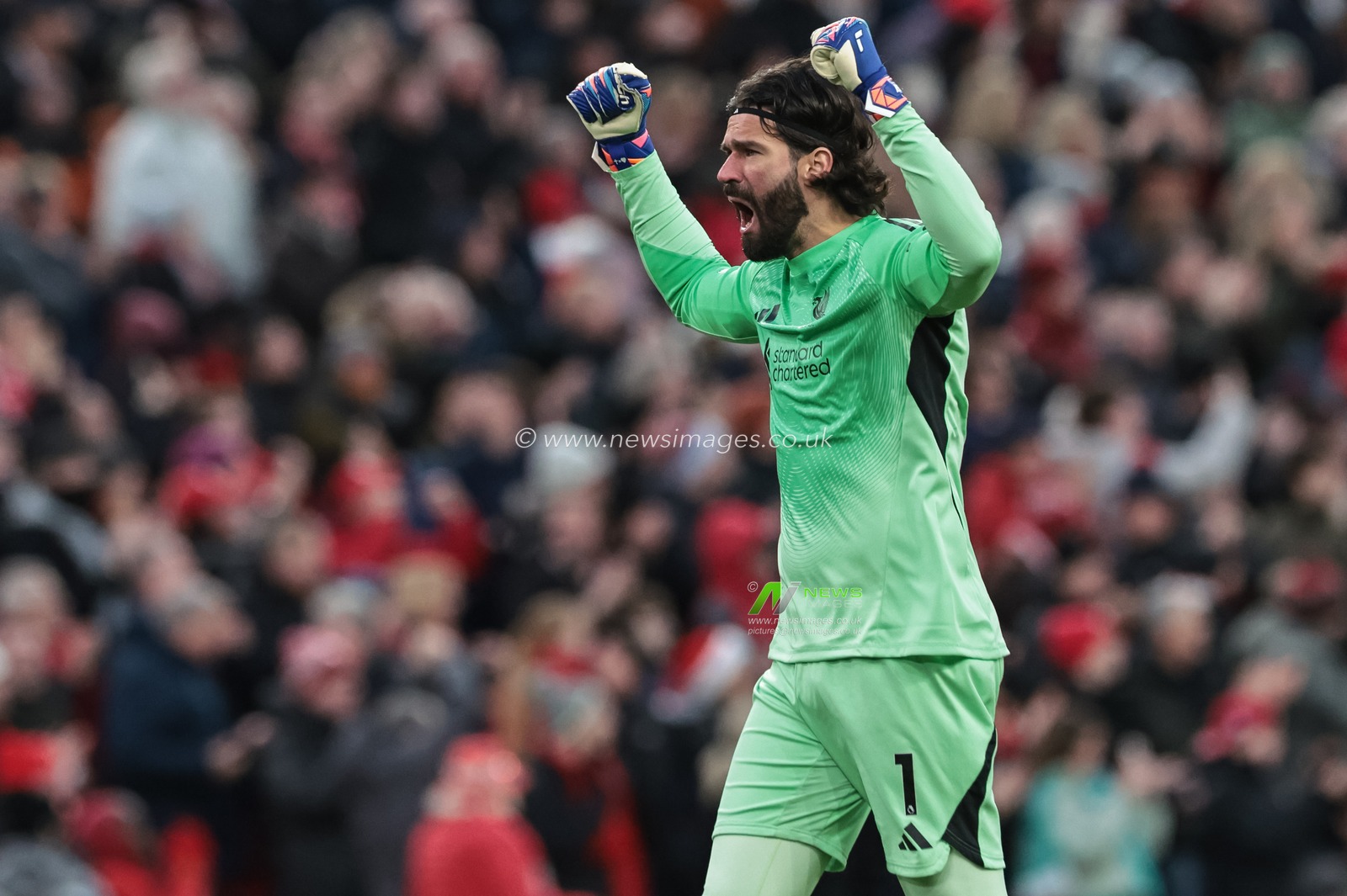 Alisson Becker of Liverpool celebrates a goal during the Premier League match Liverpool vs Wolverhampton Wanderers at Anfield, Liverpool, United Kingdom, 27th December 2025

(Photo by Mark Cosgrove/News Images)

*** GER AUT SUI OUT ***