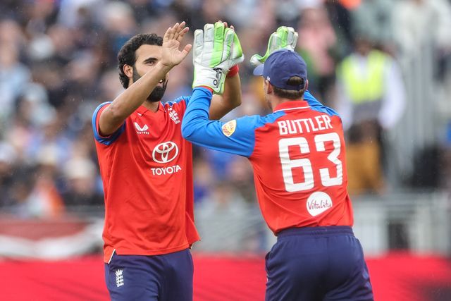 Saqib Mahmood of England celebrates the wicket of  India captain Shreyas Iyer during the First Vitality T20 International match England vs India at Banks Homes Riverside Stadium, Chester-le-street, United Kingdom on 01 July 2026

(Photo by Mark Cosgrove/News Images)