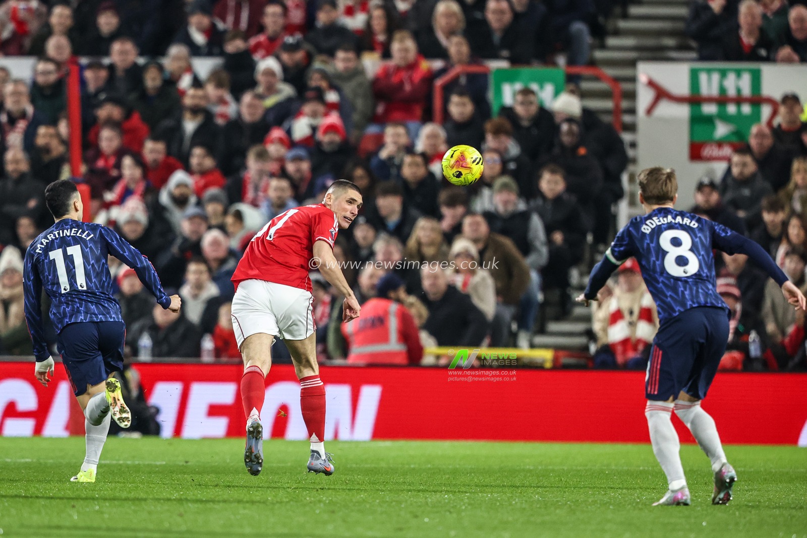 Nicolas Dominguez of Nottingham Forest heads the ball during the Premier League match Nottingham Forest vs Arsenal at City Ground, Nottingham, United Kingdom, 17th January 2026

(Photo by Alfie Cosgrove/News Images)