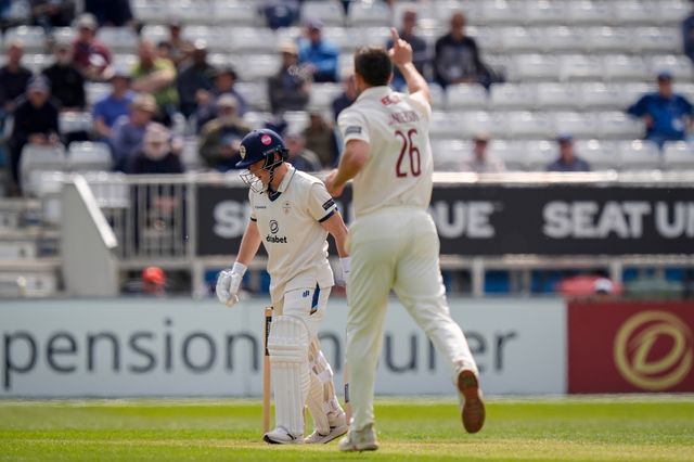 Ben Sanderson of Northamptonshire celebrates the wicket of Harry Came out caught during the County Championship Division Two Derbyshire vs Northamptonshire day one match at The Central Co-Op County Ground, Derby, United Kingdom on 08 May 2026

(Photo by Maynard Manyowa/News Images)