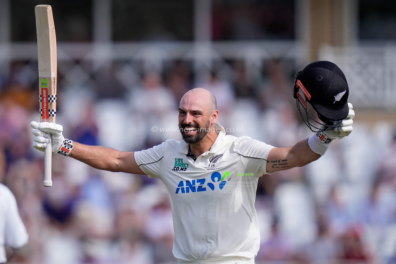 Daryl Mitchell of New Zealand celebrates scoring 100 runs as he reaches his century during the 3rd Rothesay Test Match Day 4 match England vs New Zealand at Trent Bridge, Nottingham, United Kingdom on 28 June 2026

(Photo by Maynard Manyowa/News Images)