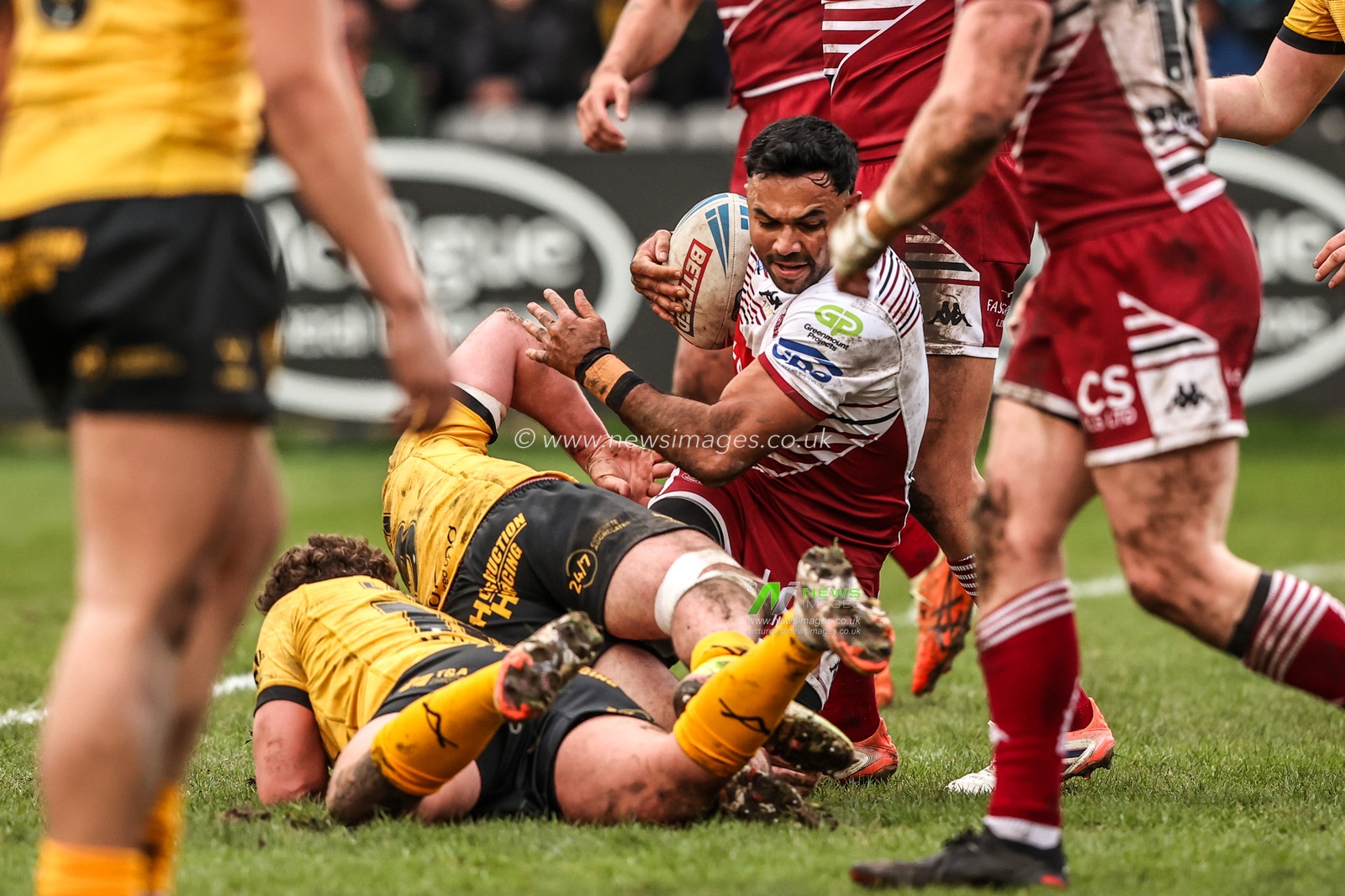 Bevan French of Wigan Warriors is tackled during the Betfred Super League round 1 match Castleford Tigers vs Wigan Warriors at OneBore Stadium, Castleford, Untied Kingdom on 15 February 2026

(Photo by Alfie Cosgrove/News Images)