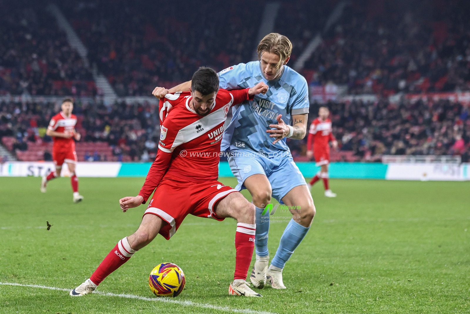 Finn Azaz of Middlesbrough and Jesper Daland of Cardiff City battle for the ball during the Sky Bet Championship match Middlesbrough vs Cardiff City at Riverside Stadium, Middlesbrough, United Kingdom, 4th January 2025

(Photo by Alfie Cosgrove/News Images)