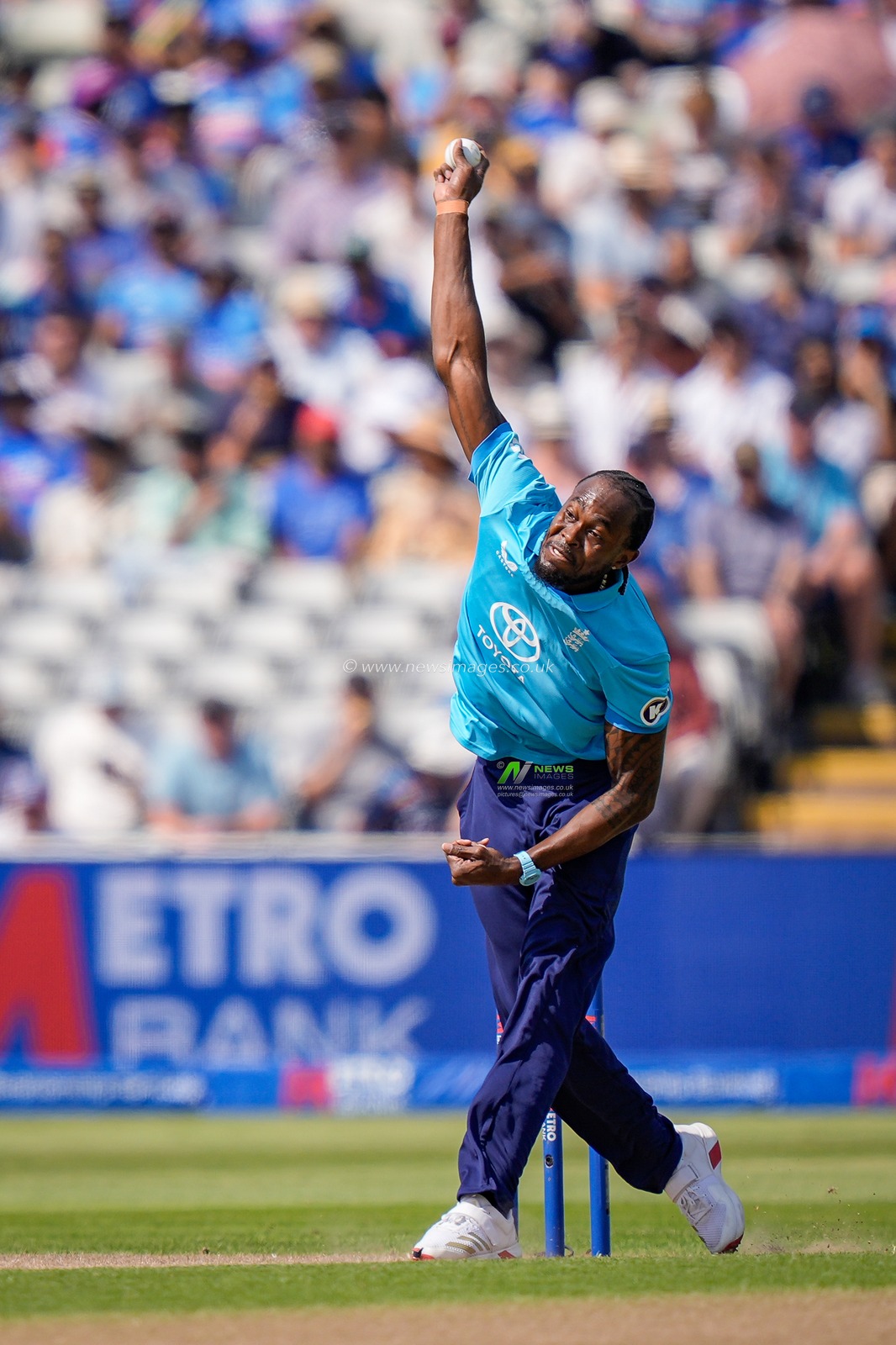 Jofra Archer of England delivers the ball during the 1st Metro Bank ODI match England vs India at Edgbaston, Birmingham, United Kingdom on 14 July 2026

(Photo by Maynard Manyowa/News Images)