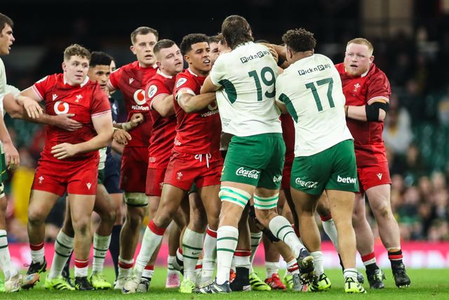 Eben Etzebeth of South Africa and Alex Mann of Wales get into a heated exchange during the Quilter Nations Series 2025 match Wales vs South Africa at Principality Stadium, Cardiff, United Kingdom, 29th November 2025

(Photo by Andrew Lewis/News Images)

*** GER AUT SUI OUT ***