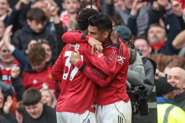 Kobbie Mainoo of Manchester United celebrates his goal to make it 3-2 during the Premier League match Manchester United vs Liverpool at Old Trafford, Manchester, United Kingdom on 03 May 2026

(Photo by Mark Cosgrove/News Images)