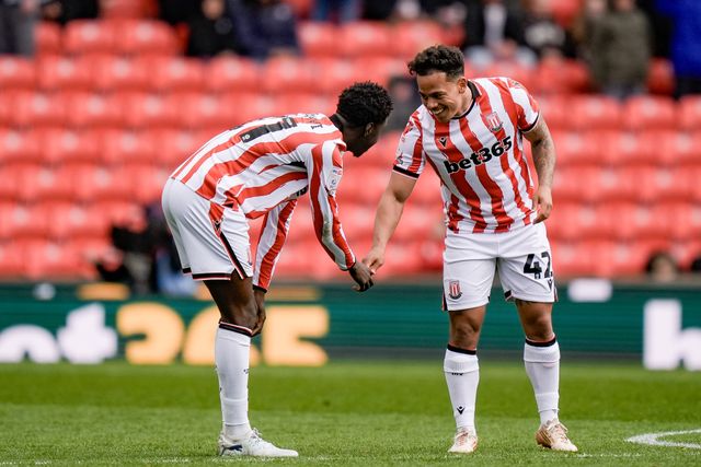 Jesurun Rak-Sakyi of Stoke City celebrates his goal to make it  1-1 with Million Manhoef of Stoke City during the Sky Bet Championship match Stoke City vs Blackburn Rovers at Bet365 Stadium, Stoke On Trent, United Kingdom on 11 April 2026

(Photo by Maynard Manyowa/News Images)