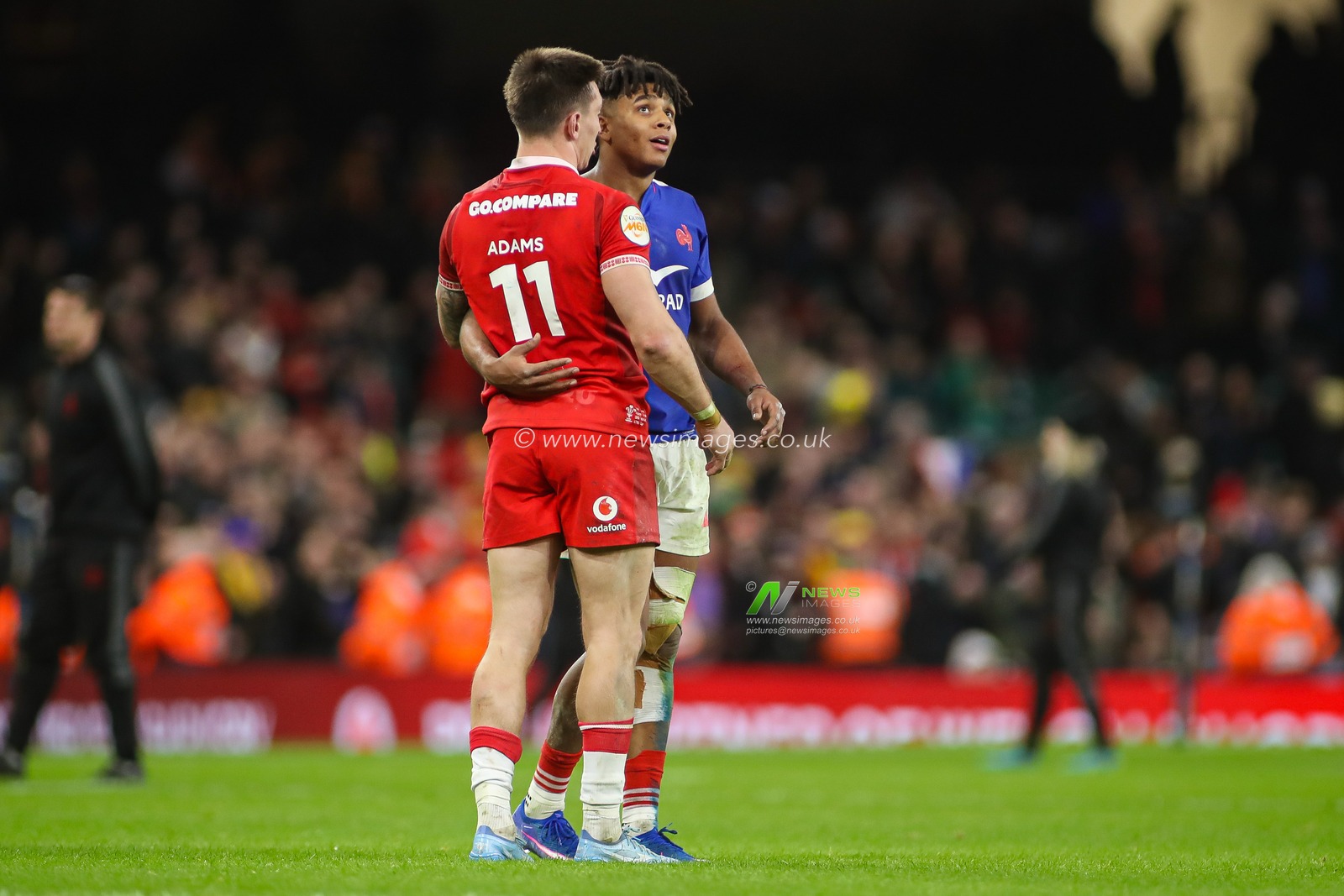 Josh Adams of Wales and Theo Attissogbe of France embrace at the final whistle during the Guinness Six Nations match Wales vs France at Principality Stadium, Cardiff, United Kingdom, 15th February 2026

(Photo by Andrew Lewis/News Images)