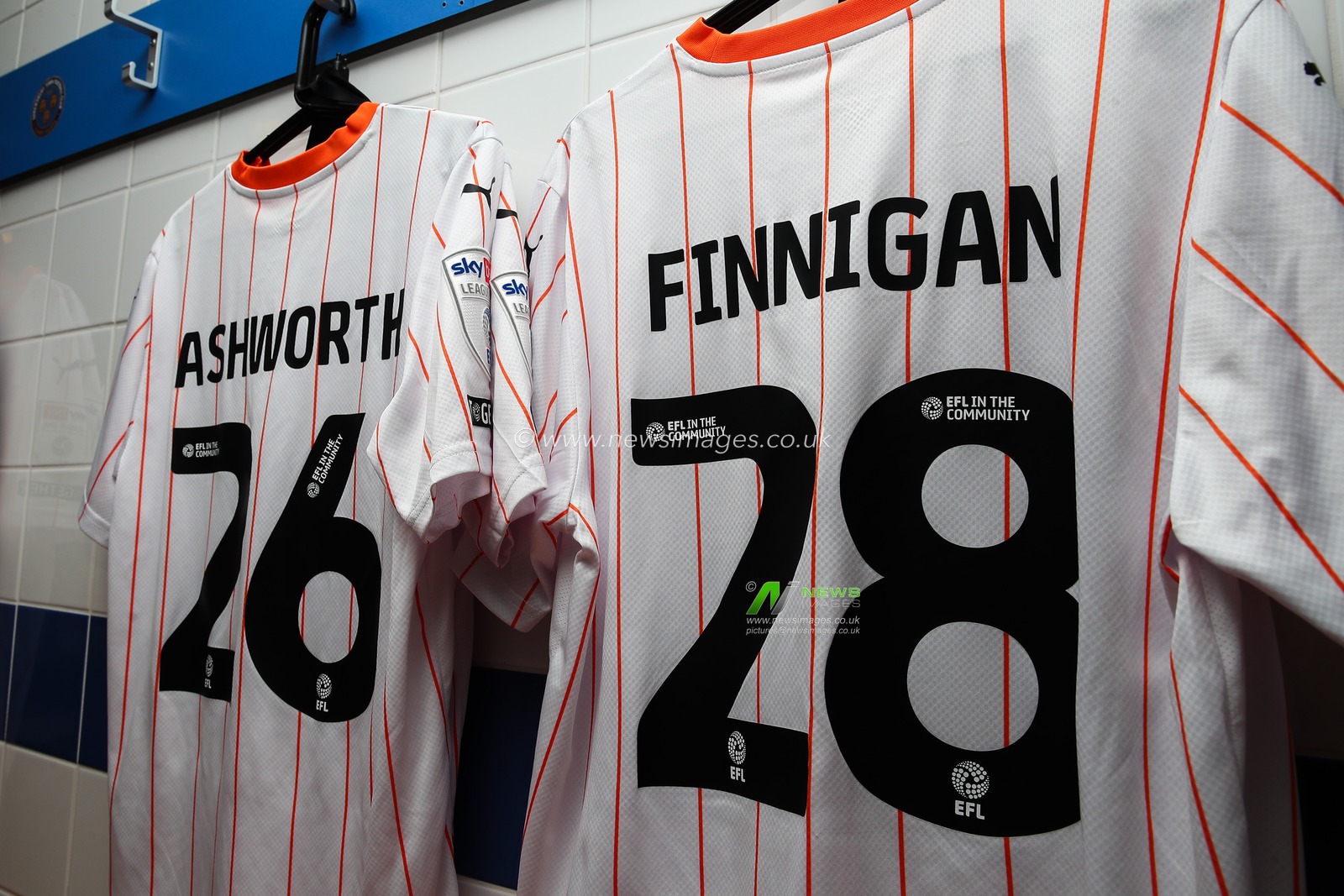The away shirt of Ryan Finnigan of Blackpool hung in the dressing room ahead of the Sky Bet League 1 match Shrewsbury Town vs Blackpool at Croud Meadow, Shrewsbury, United Kingdom, 4th December 2024

(Photo by Gareth Evans/News Images)