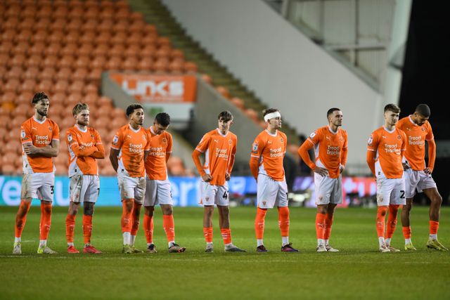 Blackpool players wait to take there penalties during the penalty shootout during the Vertu Trophy match Blackpool vs Aston Villa U21 at Bloomfield Road, Blackpool, United Kingdom, 17th December 2024

(Photo by Craig Thomas/News Images)