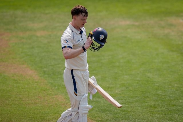 Brooke Guest of Derbyshire celebrates scoring his hundred during the County Championship Division Two Derbyshire vs Northamptonshire day two  match at The Central Co-Op County Ground, Derby, United Kingdom on 09 May 2026

(Photo by Maynard Manyowa/News Images)