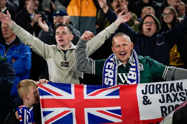 Blackburn fans celebrate their team victory during the Sky Bet Championship match Sheffield United vs Blackburn Rovers at Bramall Lane, Sheffield, United Kingdom on 22 April 2026

(Photo by Maynard Manyowa/News Images)
