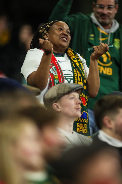 South African fans celebrate during the Quilter Nations Series 2025 match Wales vs South Africa at Principality Stadium, Cardiff, United Kingdom, 29th November 2025

(Photo by Andrew Lewis/News Images)

*** GER AUT SUI OUT ***